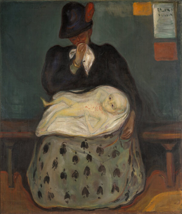 Edvard Munch, Das Erbe: eine Frau in Schwarz mit dunklem Hut sitzt auf einer Bank und drückt ein weißes Taschentuch an das Gesicht, im Schoß liegt auf weißem Tuch ein nackter Säugling mit roten Flecken; handgemalte Reproduktion.