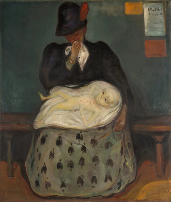 Edvard Munch, L'eredità: una donna in nero con un cappello scuro siede su una panca premendo un fazzoletto bianco sul volto, e in grembo, su un panno bianco, giace un neonato nudo con macchie rosse; riproduzione dipinta a mano.