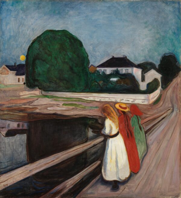 Edvard Munch, Djevojke na mostu – pristanište uz obalu: tri djevojke uz bijelu ogradu, iza njih tamna krošnja lipe i svijetla kuća, lijevo blijed mjesec; ručno naslikana reprodukcija.