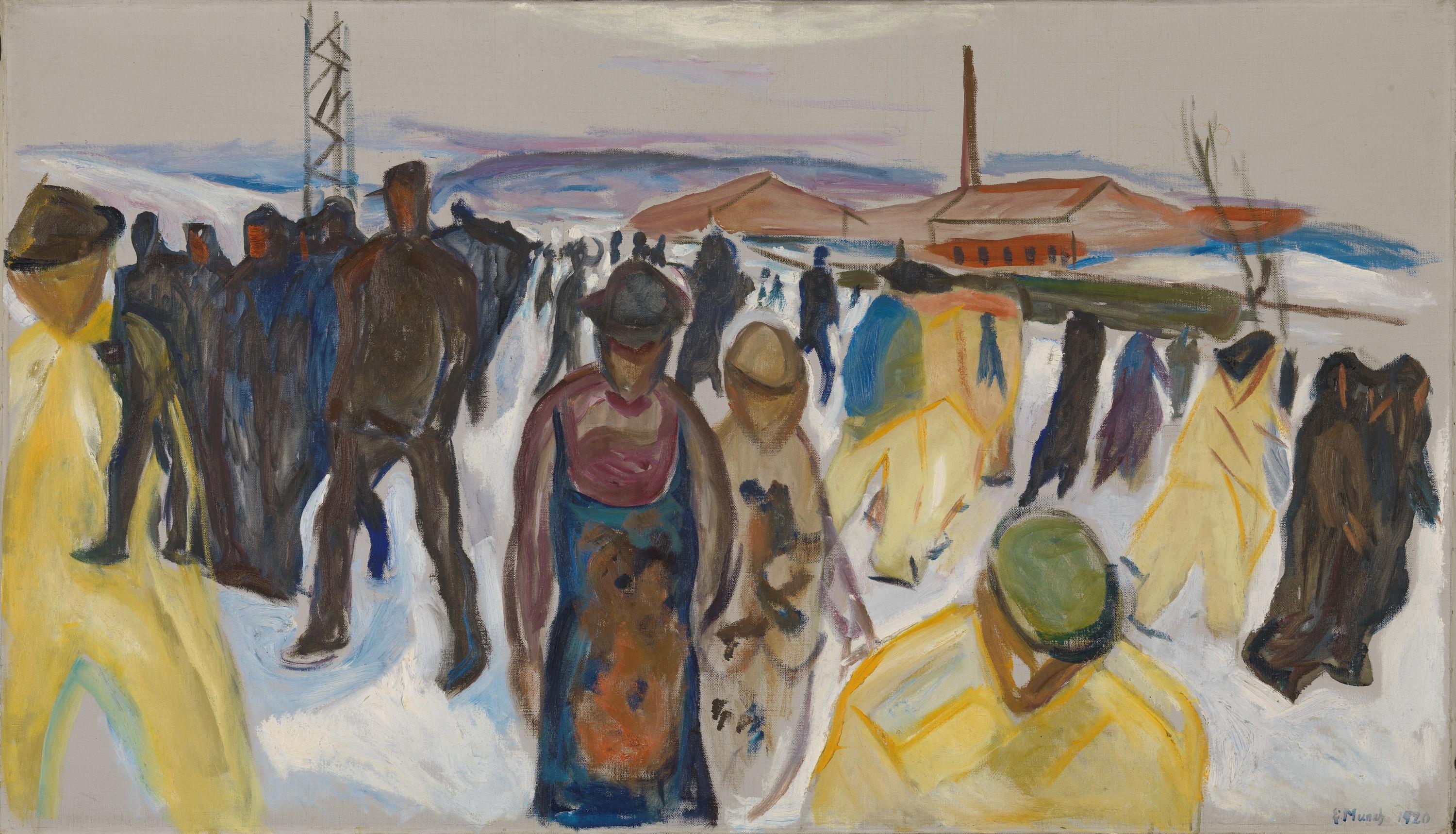 Edvard Munch, Arbeiter auf dem Heimweg – Arbeitermenge: die vorderen Gestalten in Mützen und dunklen Mänteln kommen direkt auf den Betrachter zu, rechts eine Fabrik mit Schornstein; handgemalte Reproduktion.