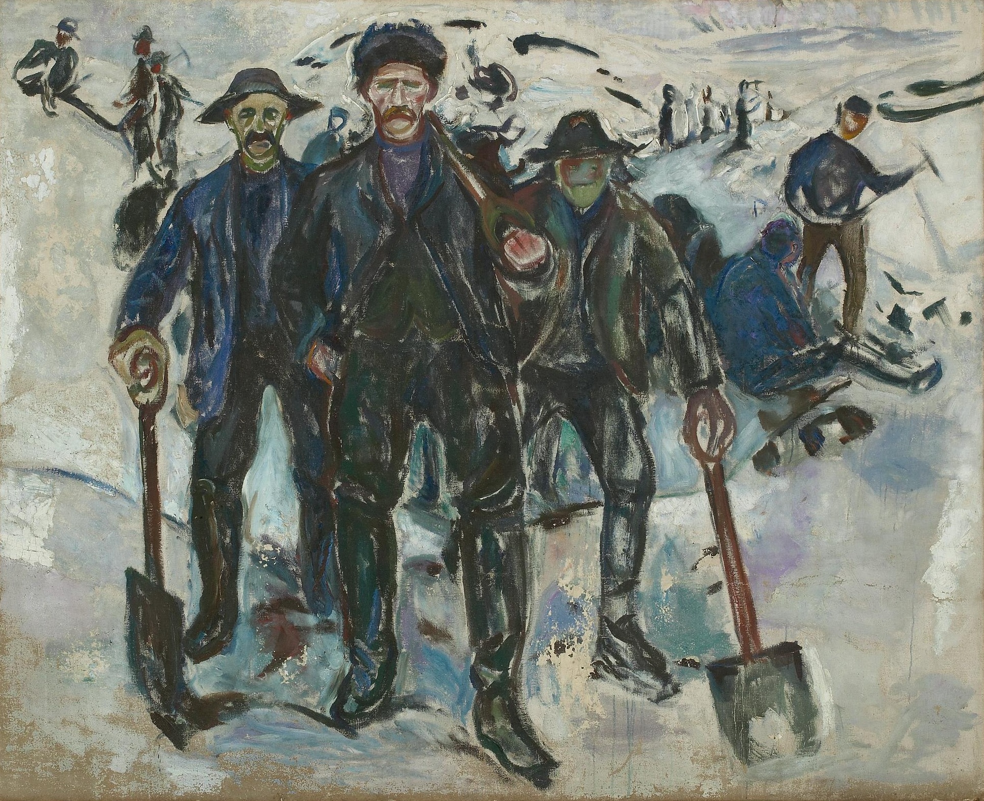 Edvard Munch, Arbeiter im Schnee: drei Arbeiter mit Schaufeln gehen geradewegs auf den Betrachter zu, ihre Gesichter Masken, dahinter zieht sich Schnee bis zum oberen Rand mit kleinen dunklen Gestalten; handgemalte Reproduktion.