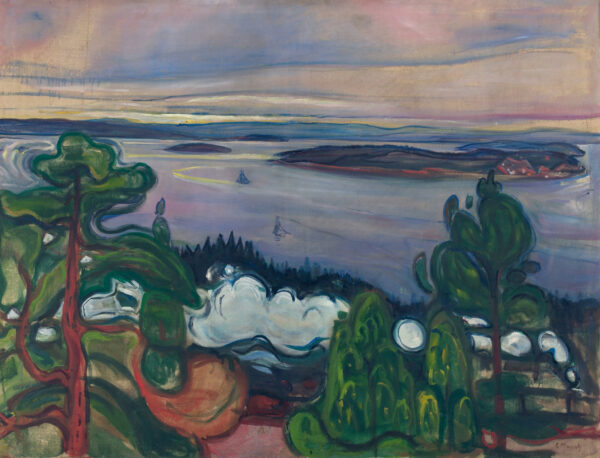 Edvard Munch, Dim vlaka: pogled s pošumljene uzvisine preko Oslofjorda, bijeli oblak dima leži preko sredine, uz oba se ruba uzdižu tamni borovi, a na desnoj obali stoje kuće s crvenim krovovima; ručno naslikana reprodukcija.