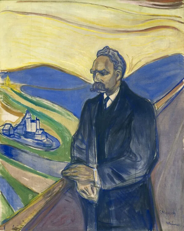 Edvard Munch, Friedrich Nietzsche: il filosofo in giacca scura sta di profilo a una bassa ringhiera con le mani giunte davanti a sé, e dietro si apre una valle verde azzurra sotto un cielo giallo a fasce; riproduzione dipinta a mano.