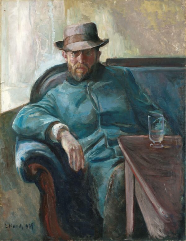 Edvard Munch, Hans Jæger: ein bärtiger Mann mit breitkrempigem Hut sitzt zurückgelehnt in einem Sessel, die Hand hängt über die Lehne, rechts steht ein hohes Glas auf dem Tischchen; handgemalte Reproduktion.
