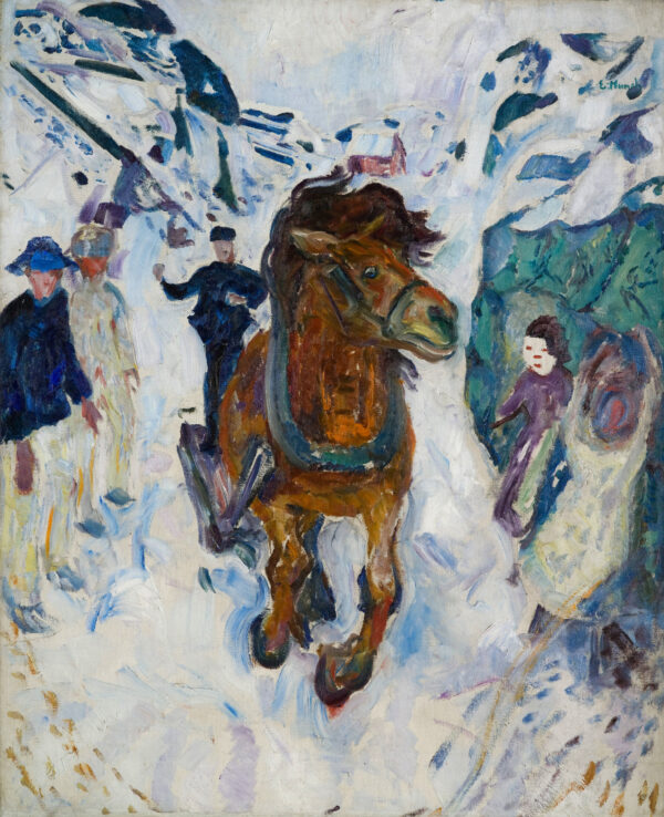 Edvard Munch, Galoppierendes Pferd: ein braunes eingespanntes Pferd galoppiert geradewegs auf den Betrachter zu über eine verschneite Straße, links stehen drei Gestalten, rechts eine Gestalt in violettem Mantel vor einem blaugrünen Hang; handgemalte Reproduktion.