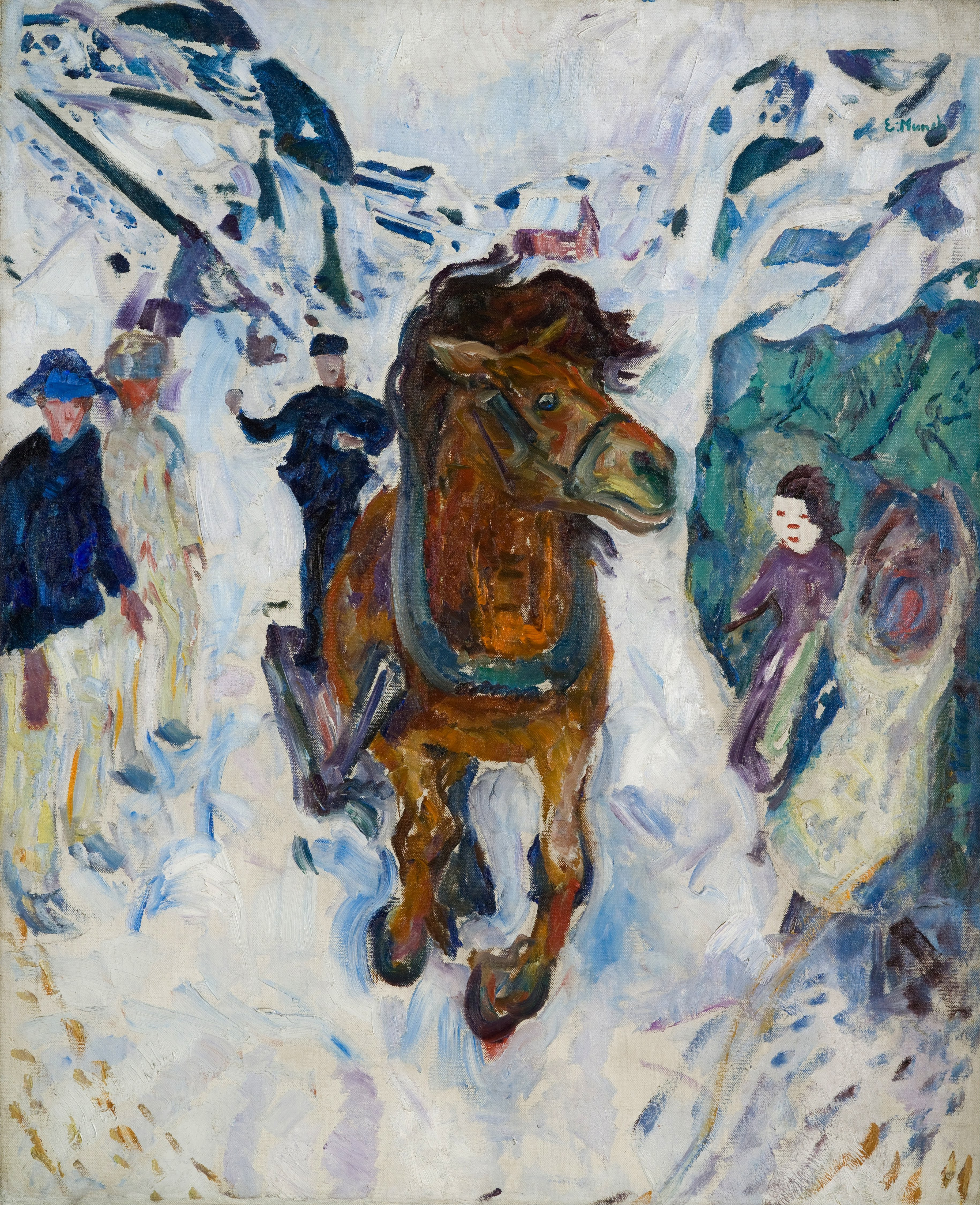 Edvard Munch, Galoppierendes Pferd: ein braunes eingespanntes Pferd galoppiert geradewegs auf den Betrachter zu über eine verschneite Straße, links stehen drei Gestalten, rechts eine Gestalt in violettem Mantel vor einem blaugrünen Hang; handgemalte Reproduktion.