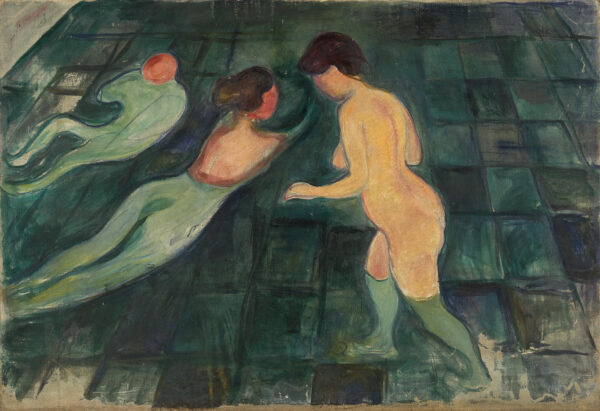 Edvard Munch, Kupačice: dvije gole žene u zelenoj vodi, desna stoji i gazi, lijeva leži vodoravno, podloga je mreža zelenih pravokutnika s crvenim krugom u gornjem lijevom kutu; ručno naslikana reprodukcija.