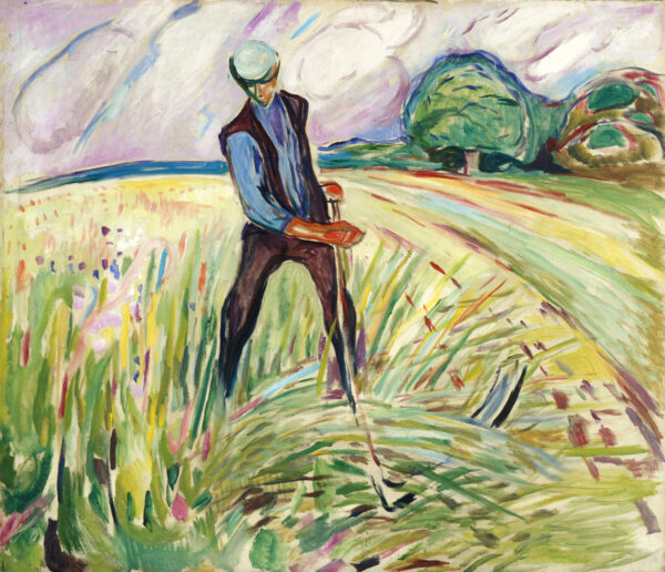Edvard Munch, Der Mäher: ein Mann in blauem Hemd und dunkler Weste mäht hohes Gras auf einer sommerlichen Wiese, rechts hinten steht ein großer runder grüner Baum unter blasslila Himmel; handgemalte Reproduktion.