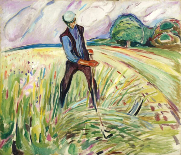 Edvard Munch, Il falciatore: un uomo in camicia azzurra e panciotto scuro falcia l'erba alta in un prato estivo, e sullo sfondo a destra sta un grande albero verde e tondo sotto un cielo lilla pallido; riproduzione dipinta a mano.