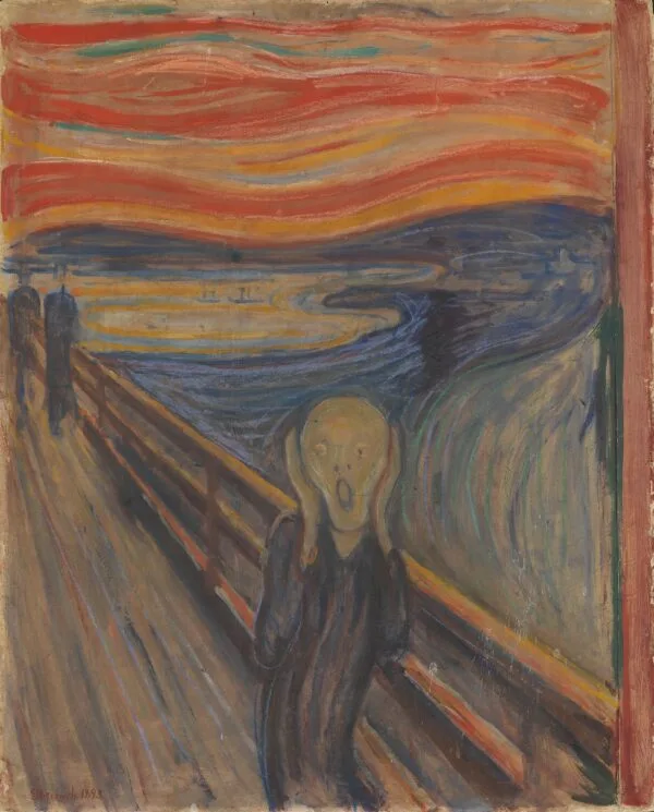 Edvard Munch, L’urlo – il motivo che riproduciamo come quadro dipinto a mano su tela: una figura sul ponte si stringe il volto, cielo striato di rosso-arancio sul fiordo, due figure sullo sfondo a sinistra.