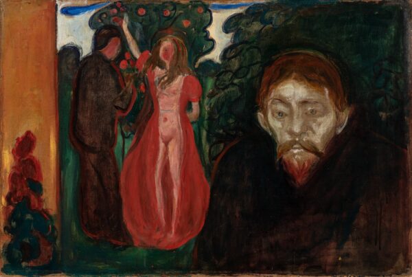 Edvard Munch, Jealousy – hand-painted on canvas: a pale bearded man at the right, a woman in red by an apple tree behind.