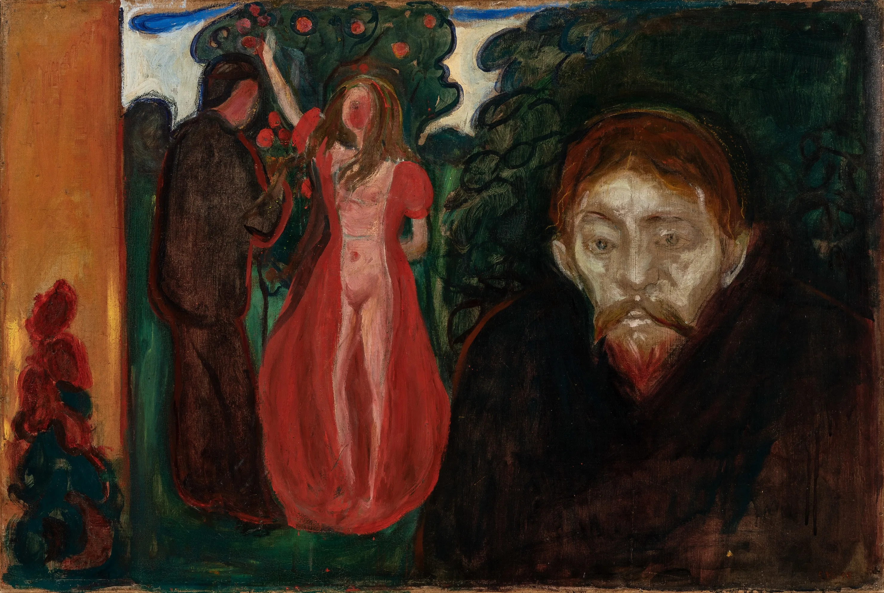 Edvard Munch, Ljubomora – ručno slikana na platnu: desno blijed bradati muškarac, iza žena u crvenom kraj jabuke.