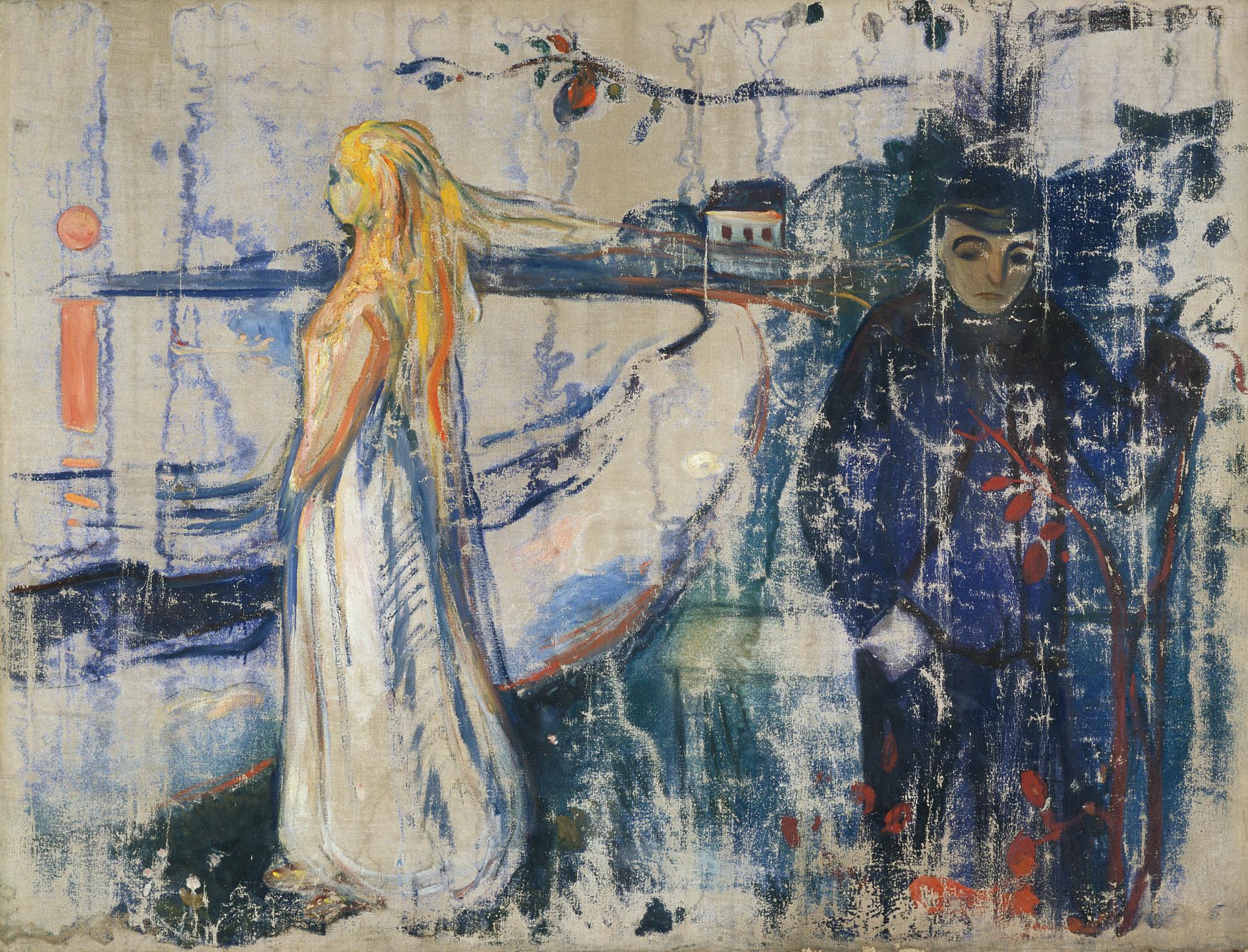 Edvard Munch, Separation – parting scene: a woman in a white dress at the left, her golden hair streaming across the picture to a man in a dark blue coat at the right; hand-painted reproduction.