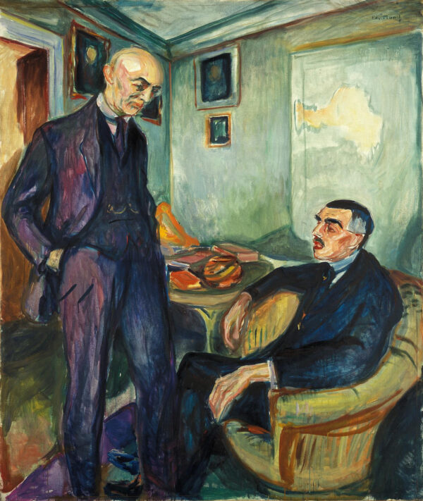 Edvard Munch, Lucien Dedichen i Jappe Nilssen: ćelav muškarac u tamnom odijelu stoji lijevo, drugi sjedi zdesna u okernom naslonjaču otvorenih usta, između njih stolić s narančama; ručno naslikana reprodukcija.