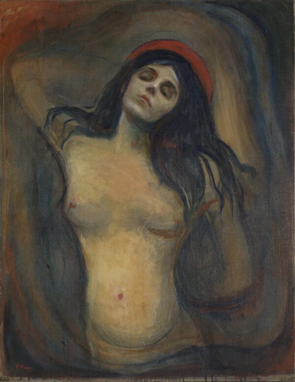 Edvard Munch, Madonna – the motif we reproduce as a hand-painted oil painting on canvas: a half-length nude with dark flowing hair and a red halo arc above the head.