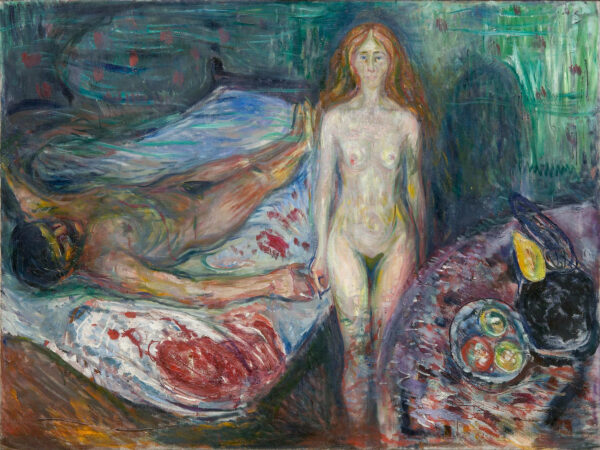 Edvard Munch, Der Tod des Marat: ein toter Mann liegt quer auf einem Bett mit weit ausgebreiteten Armen, davor steht aufrecht eine nackte Frau mit langem rotem Haar, auf dem Bettzeug ein kräftiger roter Fleck; handgemalte Reproduktion.