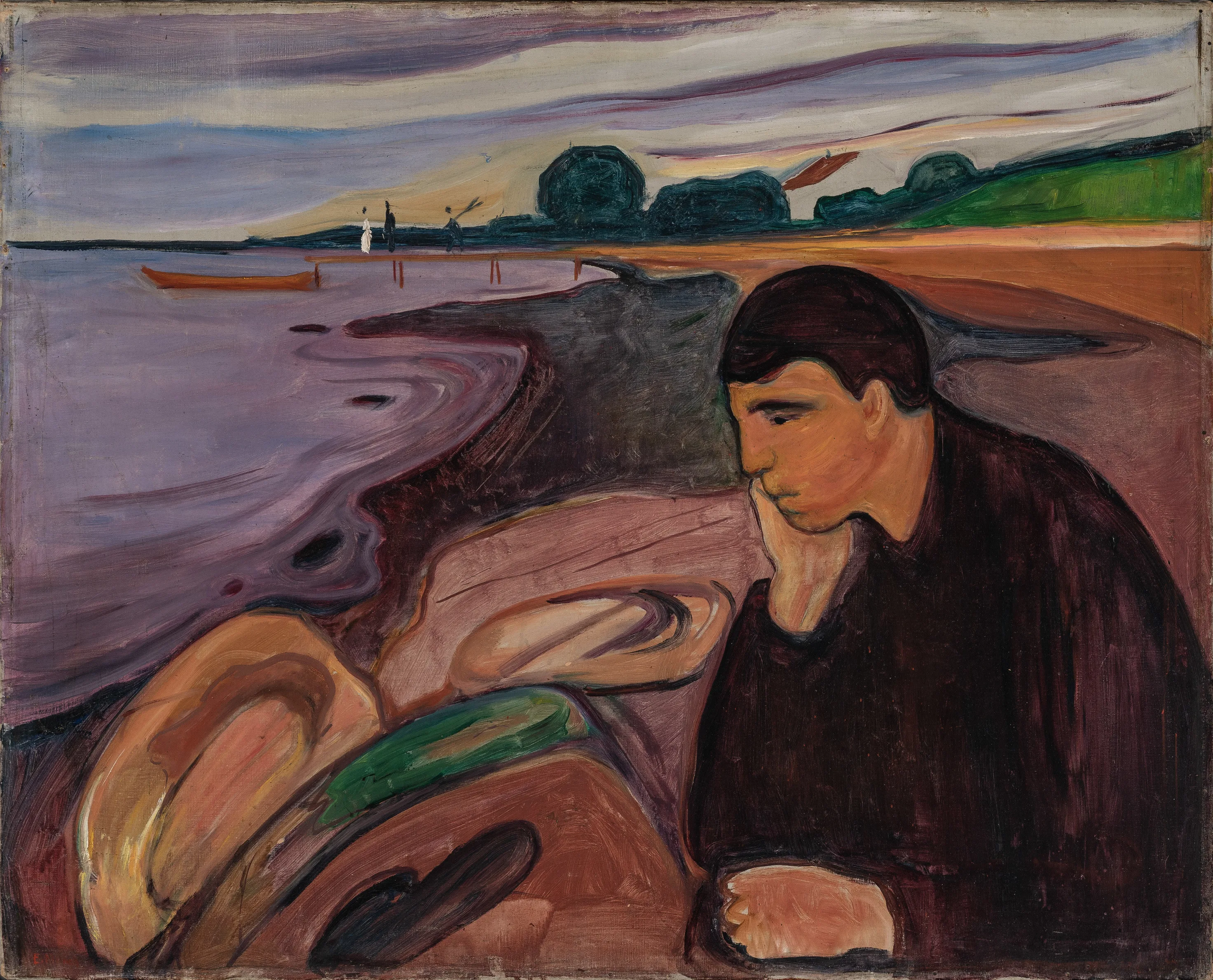 Edvard Munch, Melankolija – motiv koji ručno slikamo na platnu: muškarac podupire glavu rukom u prvom planu desno, iza njega zavojita obala s čamcem i svijetlom plažom.