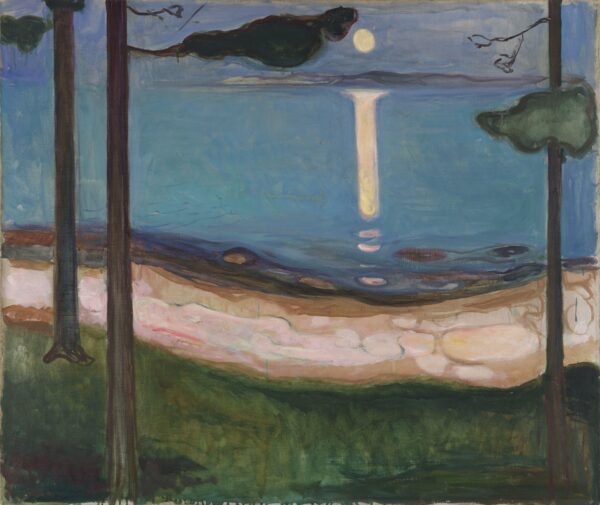 Edvard Munch, Mesečina – nočna obala: bleda luna visoko na nebu, njen odsev pada kot raven svetel steber na mirno vodo, ob straneh temna debla; ročno naslikana reprodukcija.