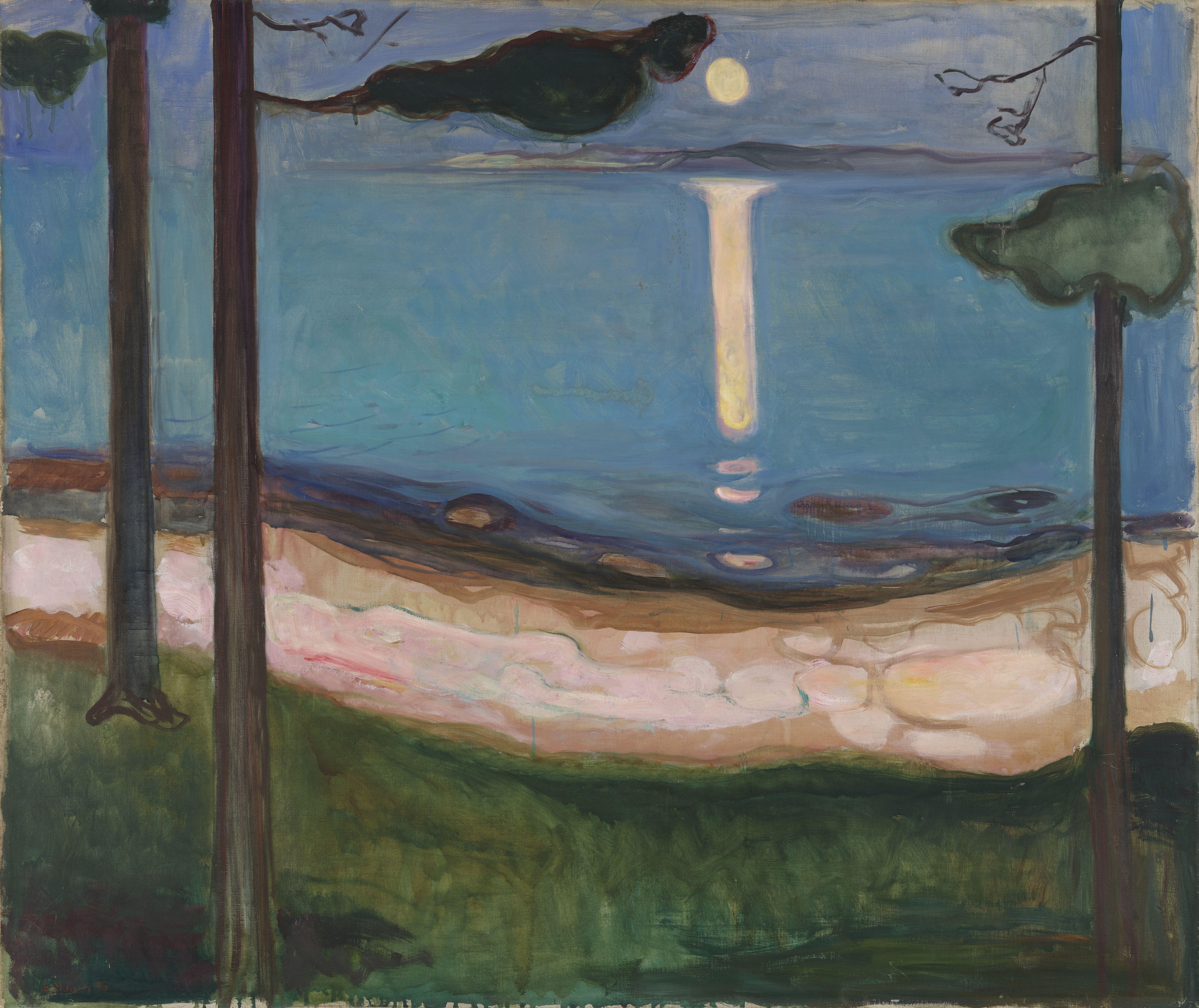 Edvard Munch, Mondschein – nächtliche Küste: ein blasser Mond hoch am Himmel, seine Spiegelung fällt als gerade Lichtsäule auf stilles Wasser, an den Seiten dunkle Stämme; handgemalte Reproduktion.