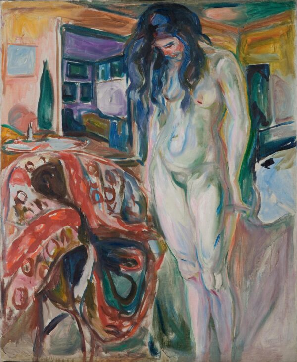 Edvard Munch, Modell am Korbstuhl: ein stehender weiblicher Akt rechts blickt nach unten, daneben ein Korbstuhl mit einem großen roten Mustertuch, dahinter öffnet sich ein Zimmer mit Fenster; handgemalte Reproduktion.