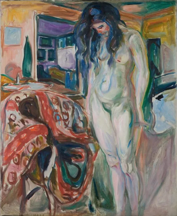 Edvard Munch, Modella accanto alla sedia di vimini: un nudo femminile in piedi a destra guarda in basso, accanto una sedia di vimini con un ampio panno rosso a motivi, dietro si apre una stanza con finestra; riproduzione dipinta a mano.