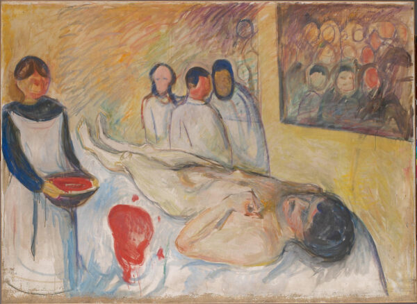Edvard Munch, Na operacijskom stolu: gol muškarac leži na leđima na bijelom stolu, uz lijevi rub stoji bolničarka s crvenom posudom, iza stola tri bijele figure, a u gornjem desnom kutu niz glava gledatelja; ručno naslikana reprodukcija.