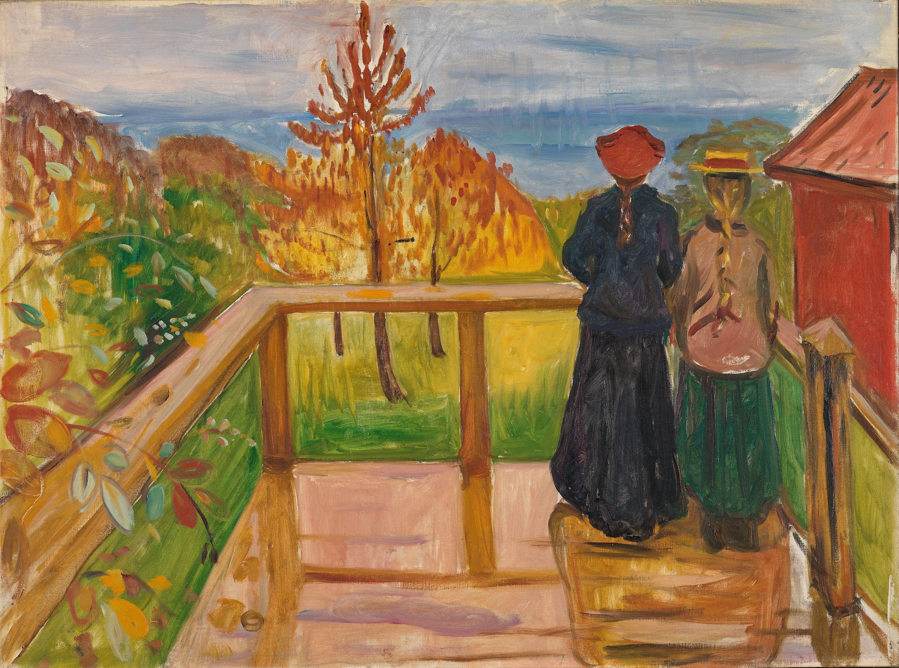 Edvard Munch, On the Veranda – veranda scene: two figures turned away from the viewer stand at a wooden rail that runs diagonally into a garden with a young spruce; hand-painted reproduction.
