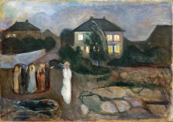 Edvard Munch, La tempesta – quadro dipinto a mano su tela: una donna in bianco con le mani al capo, dietro una casa illuminata.