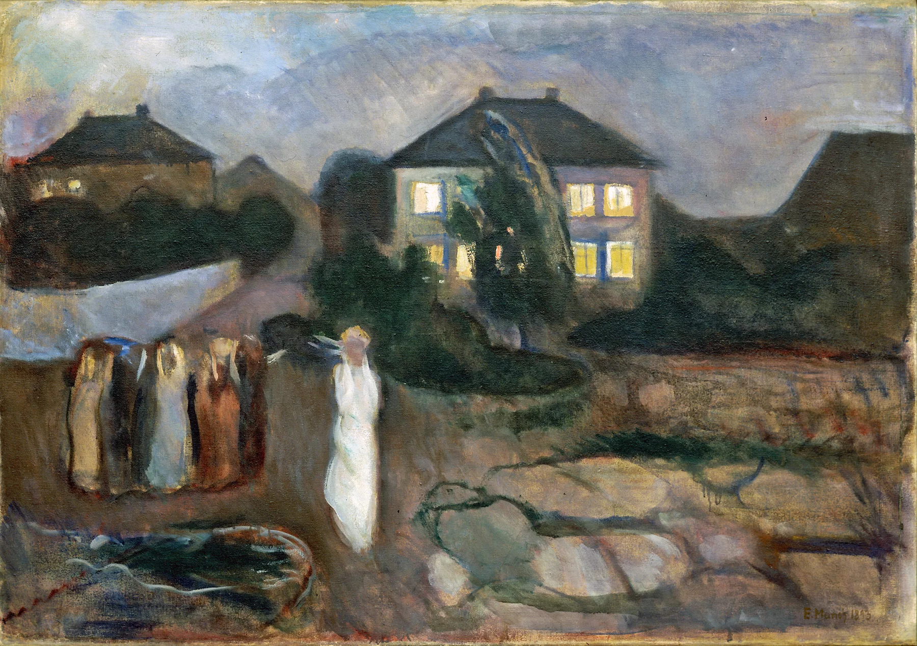 Edvard Munch, Oluja – ručno slikana na platnu: žena u bijelom s rukama uz glavu, iza nje osvijetljena kuća u olujnoj noći.
