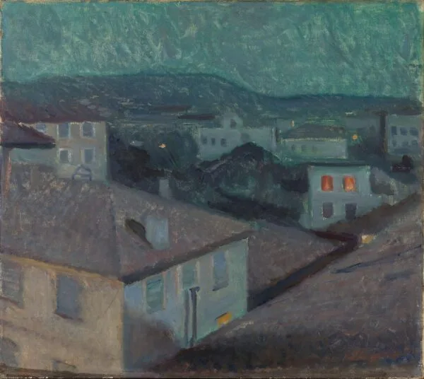 Edvard Munch, Notte a Nizza – veduta notturna di una città: case chiare dai tetti scuri scendono lungo il pendio, fra loro cipressi, al centro un crinale scuro; riproduzione dipinta a mano.