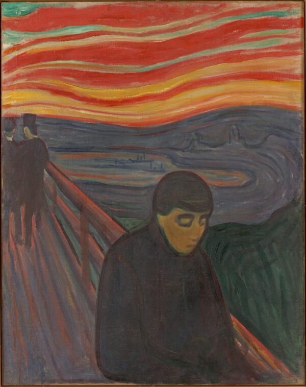 Edvard Munch, Verzweiflung: ein Mann in dunklem Mantel und Hut steht gebeugt am Brückengeländer über dem Fjord, oben links gehen zwei kleine Gestalten davon, darüber ziehen waagerechte Bänder roten und orangen Himmels; handgemalte Reproduktion.