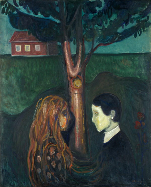 Edvard Munch, Auge in Auge: eine Frau mit langem rotem Haar und ein Mann mit blassem Gesicht stehen einander gegenüber, zwischen ihnen steigt ein Baumstamm auf, links dahinter steht ein rotes Haus; handgemalte Reproduktion.