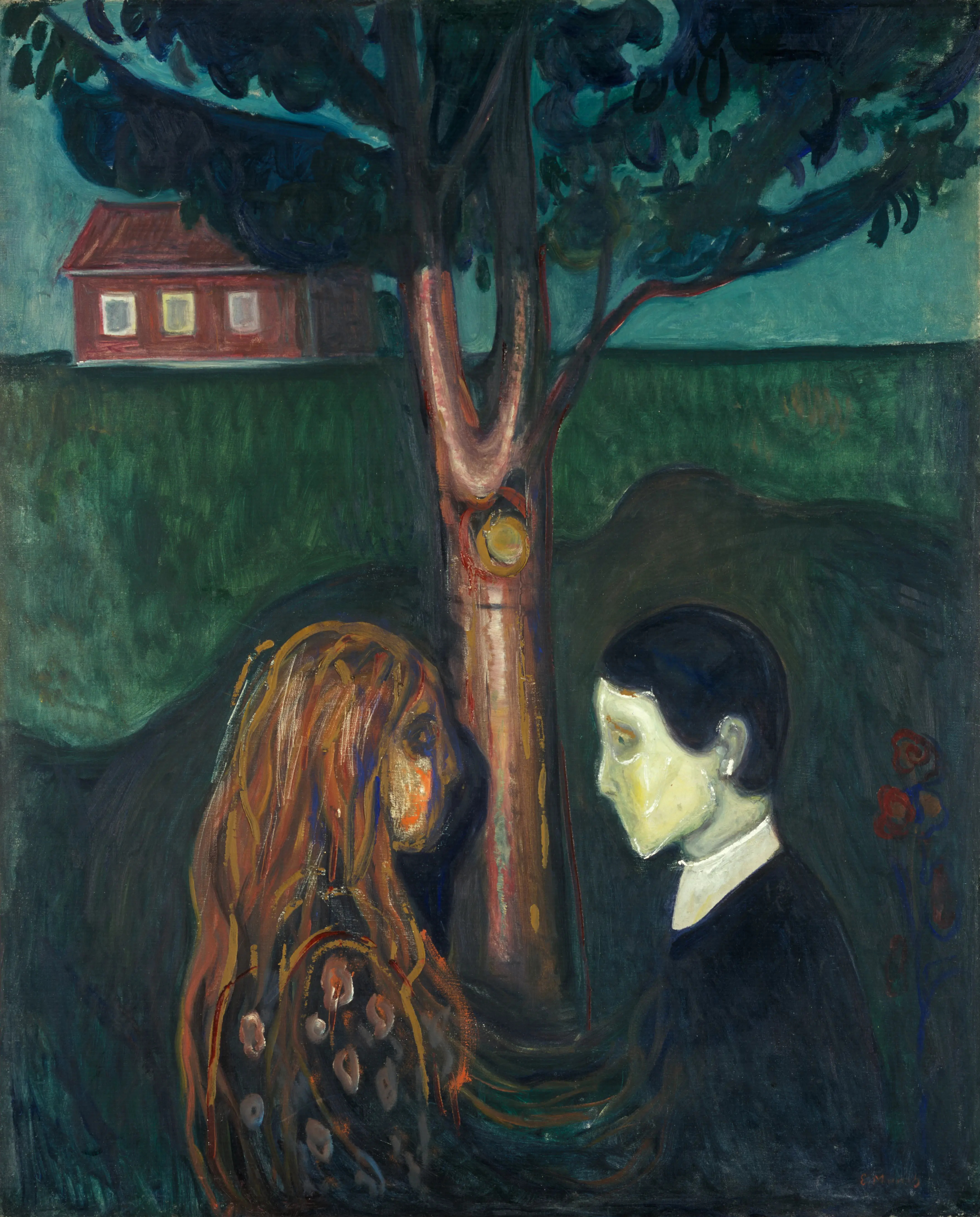 Edvard Munch, Auge in Auge: eine Frau mit langem rotem Haar und ein Mann mit blassem Gesicht stehen einander gegenüber, zwischen ihnen steigt ein Baumstamm auf, links dahinter steht ein rotes Haus; handgemalte Reproduktion.