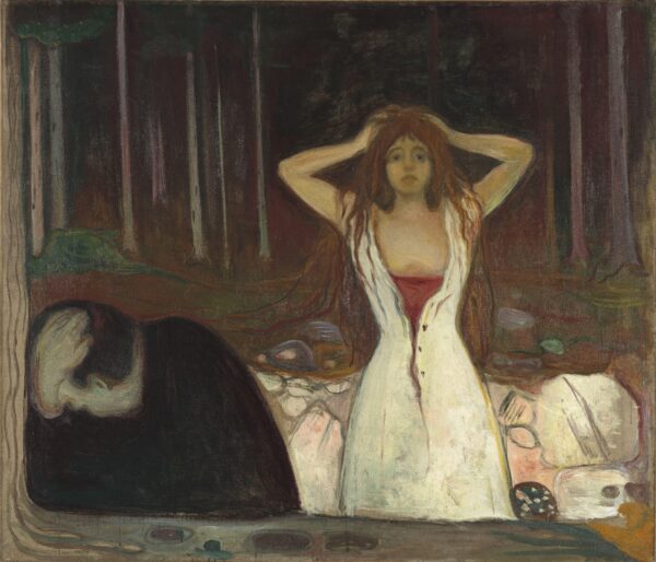 Edvard Munch, Ashes – hand-painted on canvas: a woman in a white shift with red hair in a forest, a hunched man at the left.