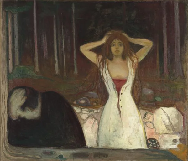 Edvard Munch, Cenere – quadro dipinto a mano su tela: una donna in bianco con capelli rossi nel bosco, a sinistra un uomo curvo.