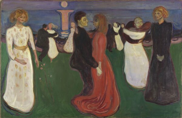 Edvard Munch, Der Tanz des Lebens – Tanzszene am Meer: ein Paar in der Mitte, eine Frau in Weiß links und eine Frau in Schwarz rechts, die Mondspiegelung auf dem Wasser; handgemalte Reproduktion.