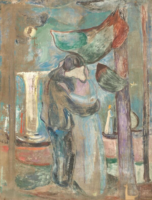 Edvard Munch, Kuss am Strand: ein Mann und eine Frau stehen umschlungen am Ufer unter einem kleinen Mond, ihre Köpfe schmelzen zu einer Masse, rechts ein hoher violetter Pfahl; handgemalte Reproduktion.