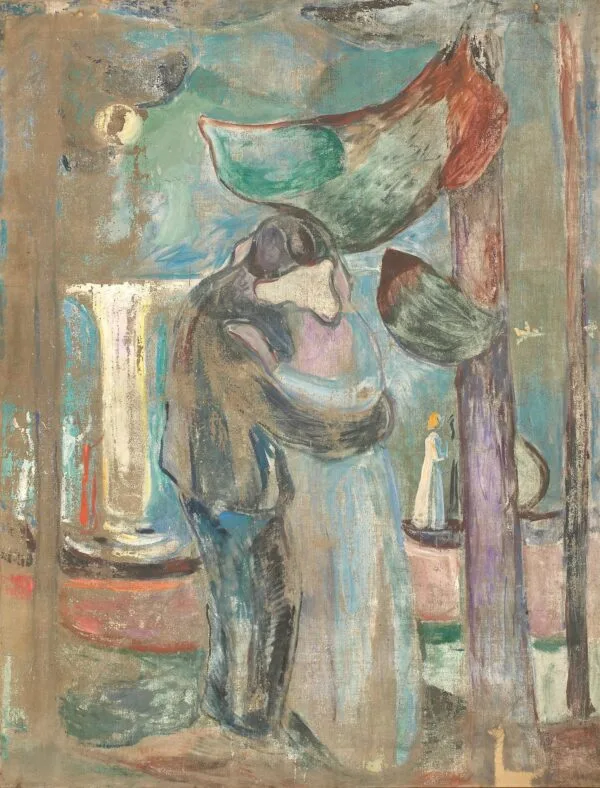 Edvard Munch, Bacio sulla spiaggia: un uomo e una donna stanno abbracciati sulla riva sotto una piccola luna, le teste fuse in un'unica massa, a destra un alto palo viola; riproduzione dipinta a mano.