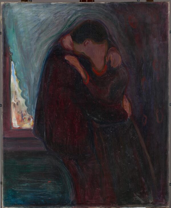 Edvard Munch, The Kiss – hand-painted on canvas: a couple embracing, their faces merged into one, by a curtained window.