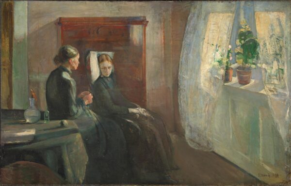 Edvard Munch, Pomlad – bolniška soba ob oknu: bledo dekle v naslanjaču pod odejo, ob njej starejša ženska s skodelico, desno napihnjena bela zavesa; ročno naslikana reprodukcija.