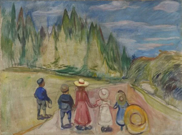 Edvard Munch, La foresta delle fiabe – scena boschiva: bambini visti di spalle stanno su un pendio erboso davanti a una fila di abeti scuri, a destra un sentiero chiaro si allontana; riproduzione dipinta a mano.