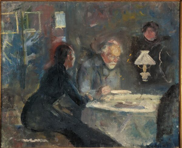 Edvard Munch, At Supper: a young woman in a dark dress seated in profile at the left, a bearded man behind the table at the centre, and a paraffin lamp burning on the white cloth; hand-painted reproduction.