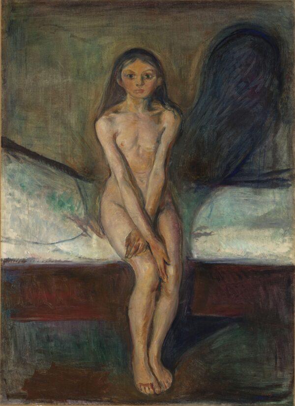 Edvard Munch, Puberty – hand-painted on canvas: a young girl seated on the edge of a bed, a large dark shadow behind her.