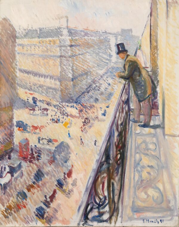 Edvard Munch, Rue Lafayette – balcony view: a man in a top hat at the wrought-iron railing, a Paris boulevard with small figures and carriages below him; hand-painted reproduction.