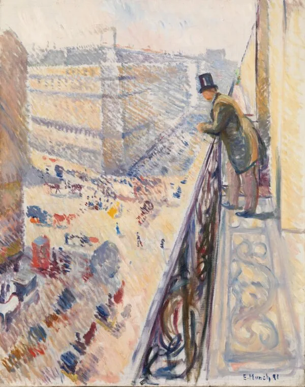 Edvard Munch, Rue Lafayette – veduta dal balcone: un uomo con cilindro alla ringhiera di ferro battuto, sotto un boulevard parigino con figure minute e carrozze; riproduzione dipinta a mano.