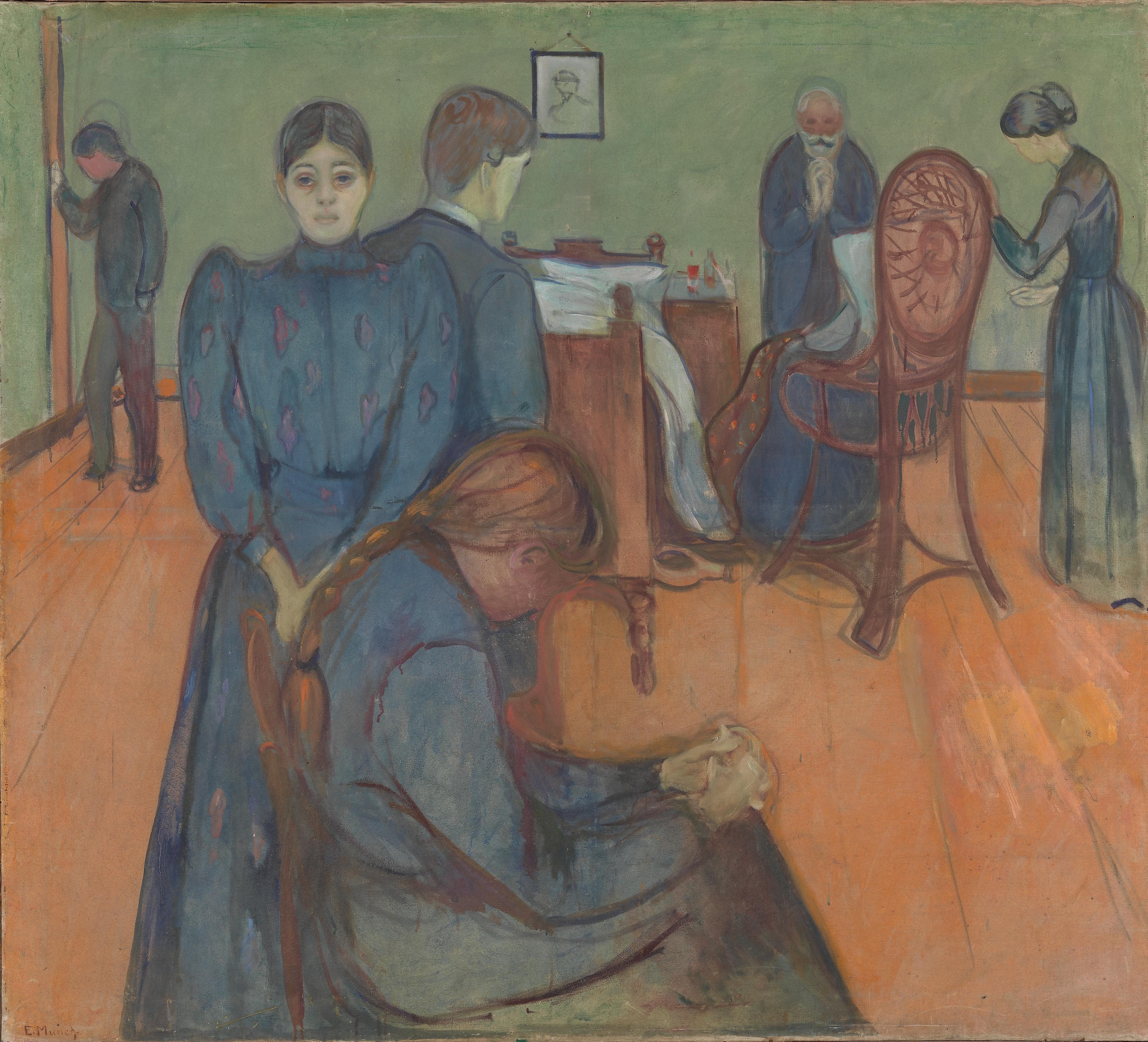 Edvard Munch, Smrt v bolniški sobi – bolniška soba: družina stoji okoli visokega pletenega naslanjača, v katerem sedi umirajoča sestra, obrnjena od nas; ročno naslikana reprodukcija.