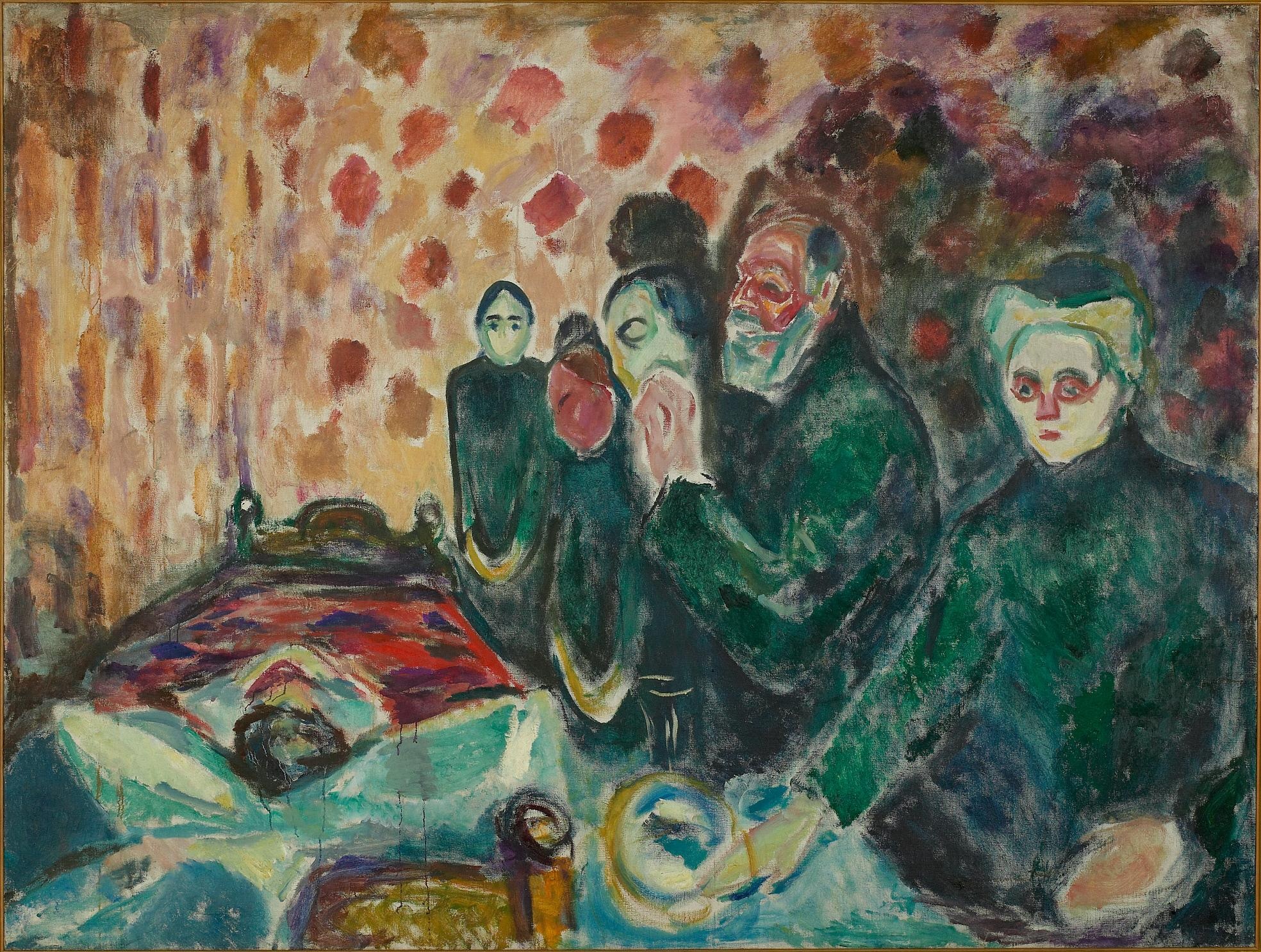 Edvard Munch, Todeskampf: eine sterbende Gestalt liegt links auf einem Bett, fünf dunkel gekleidete Gestalten stehen dabei, keine sieht zum Bett, dahinter cremefarbene Tapete mit roten und rosa Flecken; handgemalte Reproduktion.
