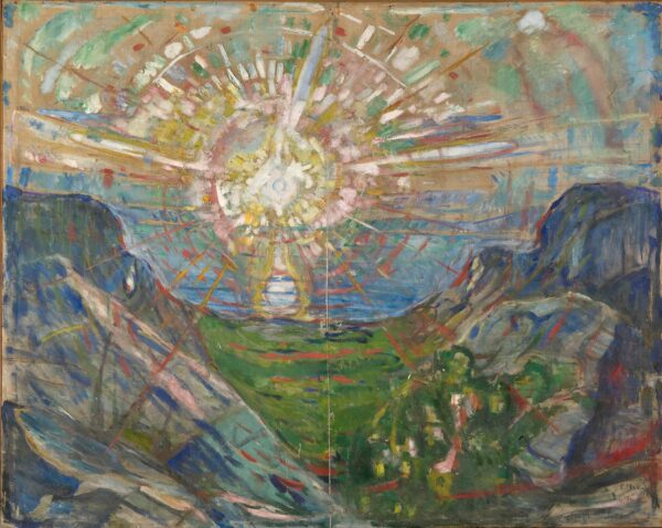 Edvard Munch, Die Sonne: eine riesige weißgelbe Sonne geht über dem Meer zwischen zwei felsigen Landzungen auf, gerade gelbe, rote und blaue Strahlen queren Himmel, Wasser und Fels; handgemalte Reproduktion.