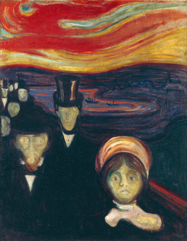 Edvard Munch, Anxiety – hand-painted on canvas: a crowd of pale staring faces in dark clothes beneath a swirling red-orange sky.