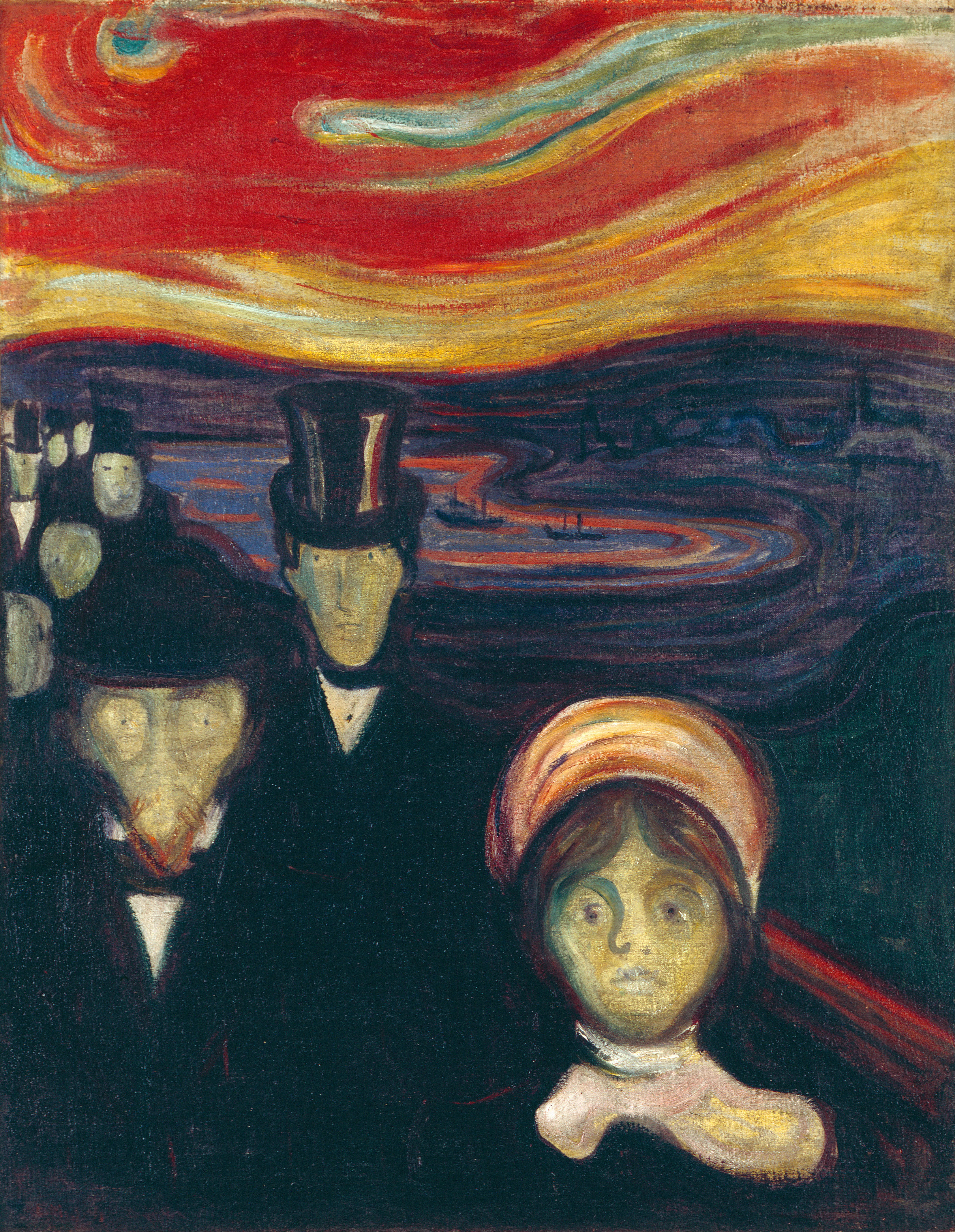 Edvard Munch, Tjeskoba – ručno slikana na platnu: mnoštvo blijedih lica u tamnom, nad njima valovito crveno-narančasto nebo.